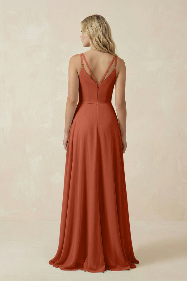 V - Neck A - Line Chiffon Bridesmaid Dress with Crisscross Back in Spice - SHE IS ME Bridesmaid Dresses