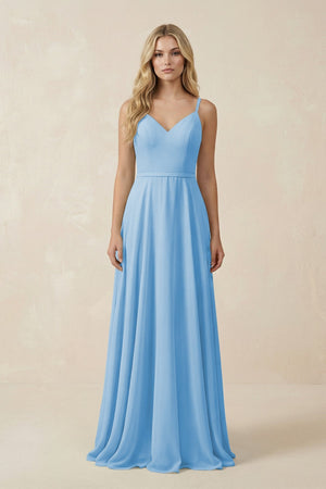 V - Neck A - Line Chiffon Bridesmaid Dress with Crisscross Back in Steel Blue - SHE IS ME Bridesmaid Dresses
