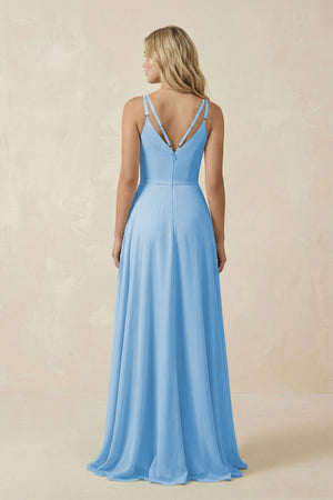 V - Neck A - Line Chiffon Bridesmaid Dress with Crisscross Back in Steel Blue - SHE IS ME Bridesmaid Dresses