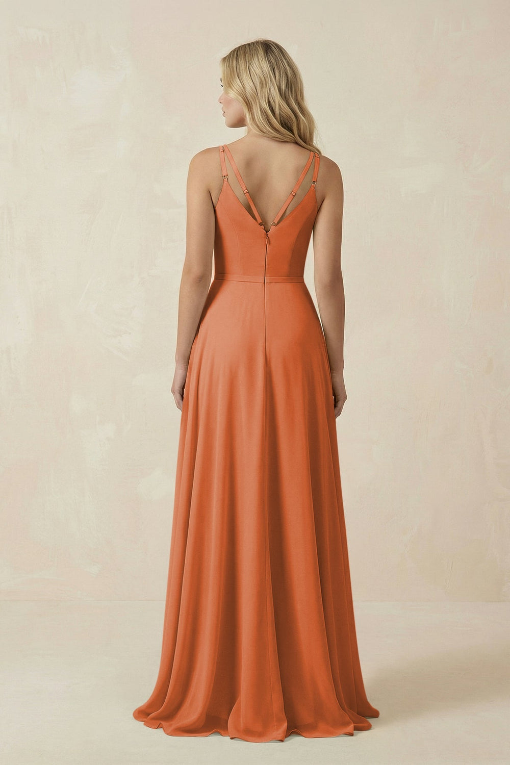 V - Neck A - Line Chiffon Bridesmaid Dress with Crisscross Back in Terracotta - SHE IS ME Bridesmaid Dresses