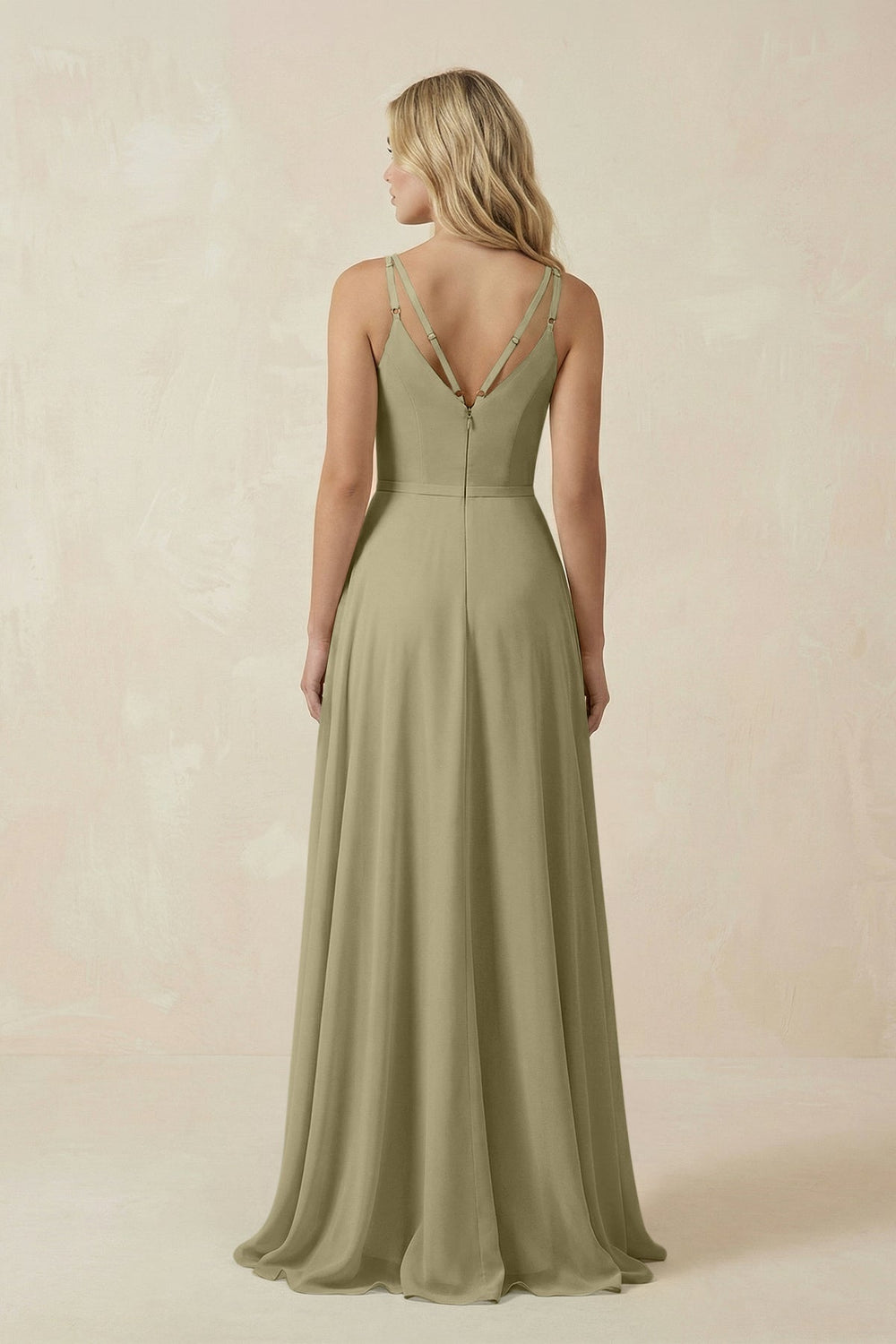 V - Neck A - Line Chiffon Bridesmaid Dress with Crisscross Back in Thyme - SHE IS ME Bridesmaid Dresses