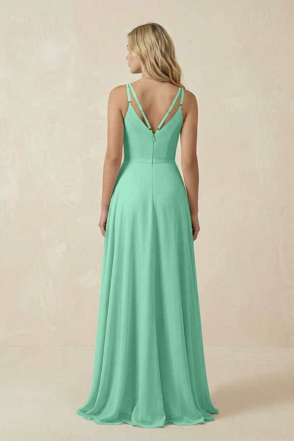 V - Neck A - Line Chiffon Bridesmaid Dress with Crisscross Back in Turquoise - SHE IS ME Bridesmaid Dresses