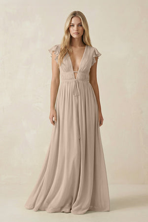 V - Neck A - Line Chiffon Cap Sleeves Bridesmaid Dress in Almond - SHE IS ME Bridesmaid Dresses