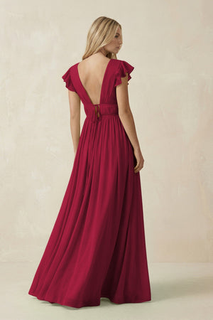 V - Neck A - Line Chiffon Cap Sleeves Bridesmaid Dress in Berry - SHE IS ME Bridesmaid Dresses