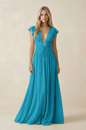 V - Neck A - Line Chiffon Cap Sleeves Bridesmaid Dress in Blue Jay - SHE IS ME Bridesmaid Dresses