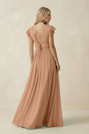 V - Neck A - Line Chiffon Cap Sleeves Bridesmaid Dress in Bronzer - SHE IS ME Bridesmaid Dresses