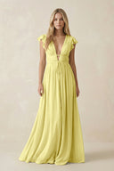 V - Neck A - Line Chiffon Cap Sleeves Bridesmaid Dress in Buttercup - SHE IS ME Bridesmaid Dresses