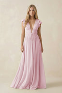 V - Neck A - Line Chiffon Cap Sleeves Bridesmaid Dress in Candy Pink - SHE IS ME Bridesmaid Dresses