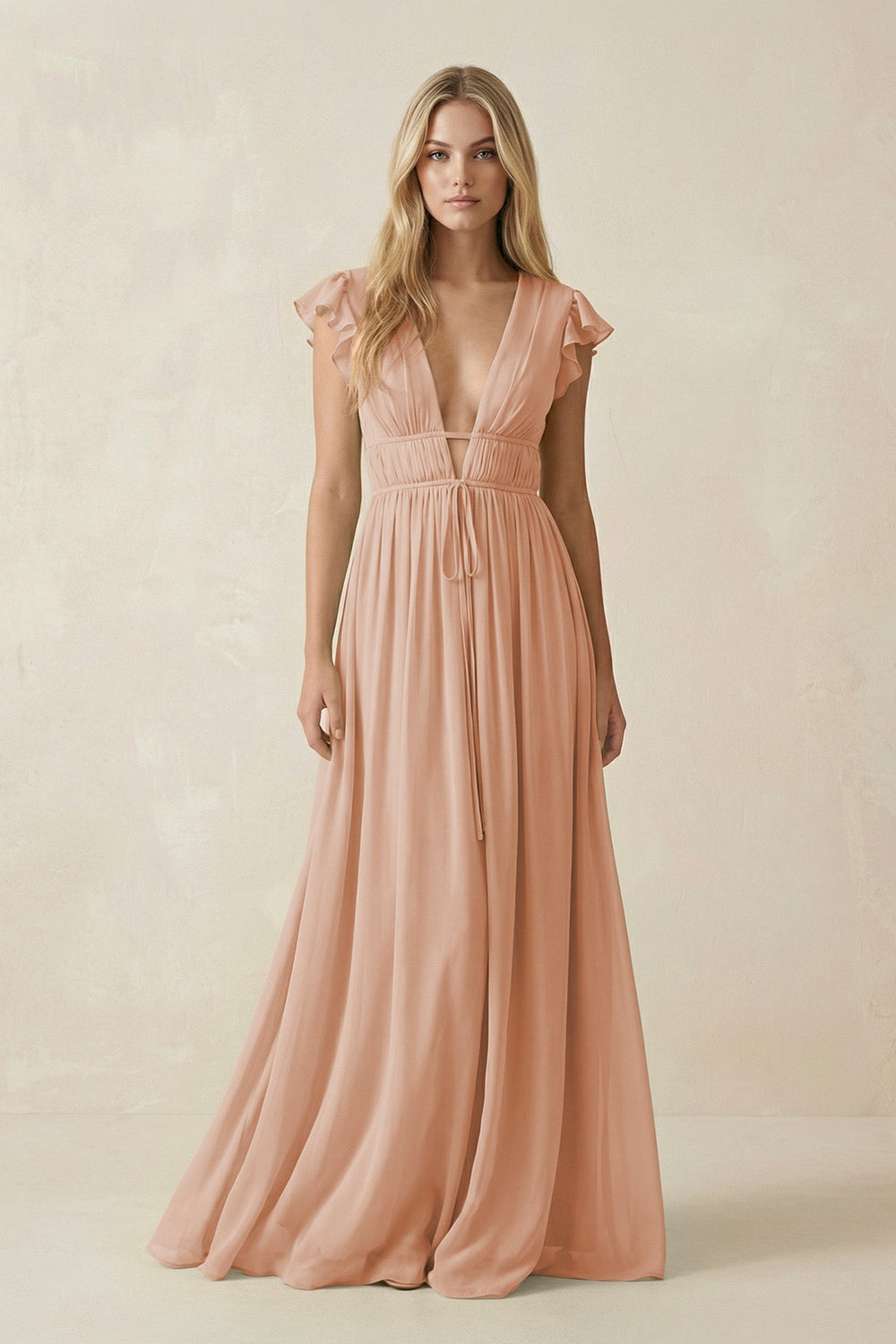 V - Neck A - Line Chiffon Cap Sleeves Bridesmaid Dress in Champagne Rose - SHE IS ME Bridesmaid Dresses