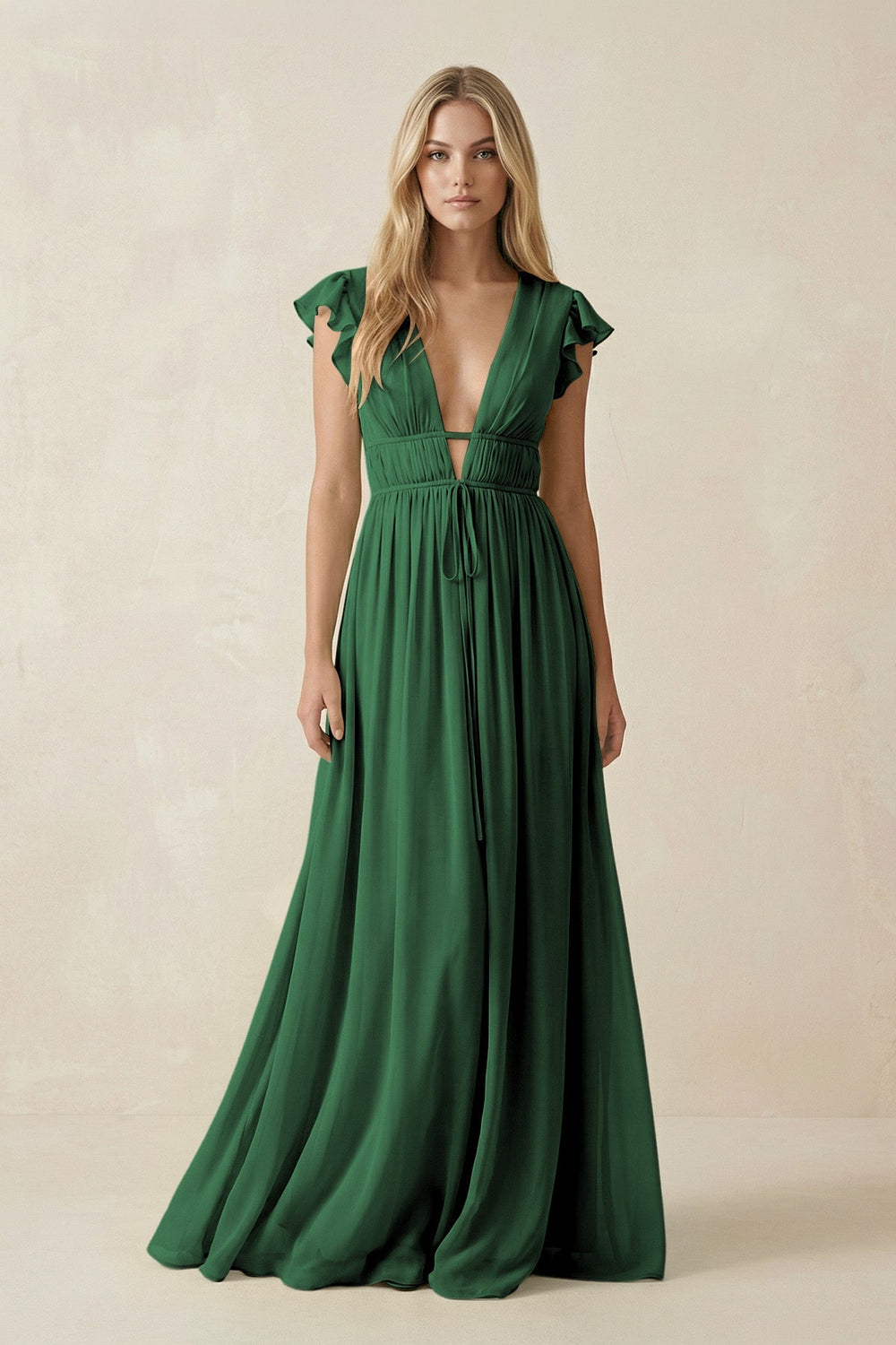 V - Neck A - Line Chiffon Cap Sleeves Bridesmaid Dress in Dark Green - SHE IS ME Bridesmaid Dresses