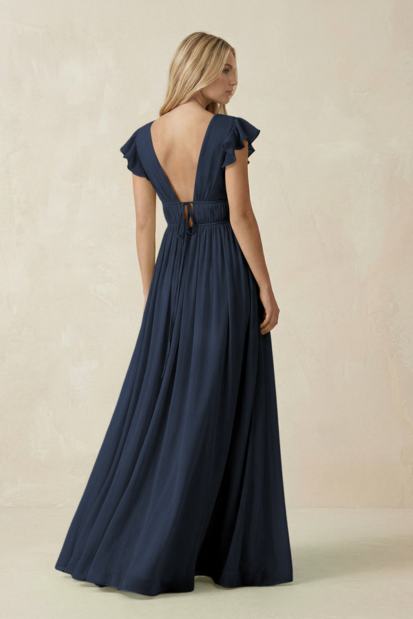 V - Neck A - Line Chiffon Cap Sleeves Bridesmaid Dress in Dark Navy - SHE IS ME Bridesmaid Dresses