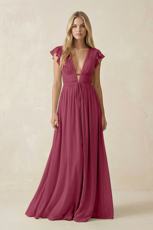 V - Neck A - Line Chiffon Cap Sleeves Bridesmaid Dress in Desert Rose - SHE IS ME Bridesmaid Dresses