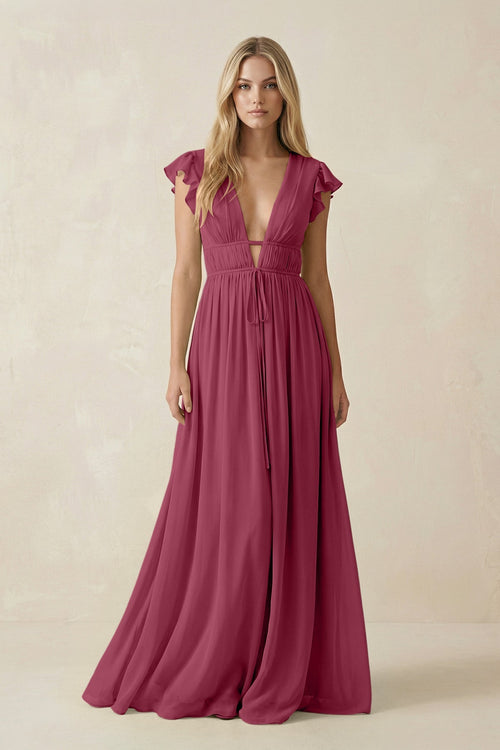 V - Neck A - Line Chiffon Cap Sleeves Bridesmaid Dress in Desert Rose - SHE IS ME Bridesmaid Dresses