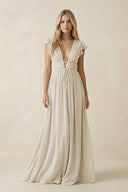 V - Neck A - Line Chiffon Cap Sleeves Bridesmaid Dress in Dove Gray - SHE IS ME Bridesmaid Dresses