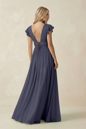 V - Neck A - Line Chiffon Cap Sleeves Bridesmaid Dress in Dusk Blue - SHE IS ME Bridesmaid Dresses