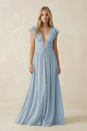 V - Neck A - Line Chiffon Cap Sleeves Bridesmaid Dress in Dusty Blue - SHE IS ME Bridesmaid Dresses