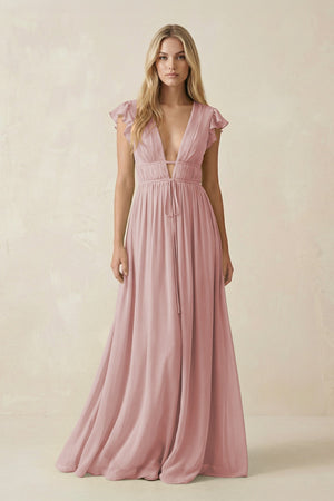 V - Neck A - Line Chiffon Cap Sleeves Bridesmaid Dress in Dusty Rose - SHE IS ME Bridesmaid Dresses