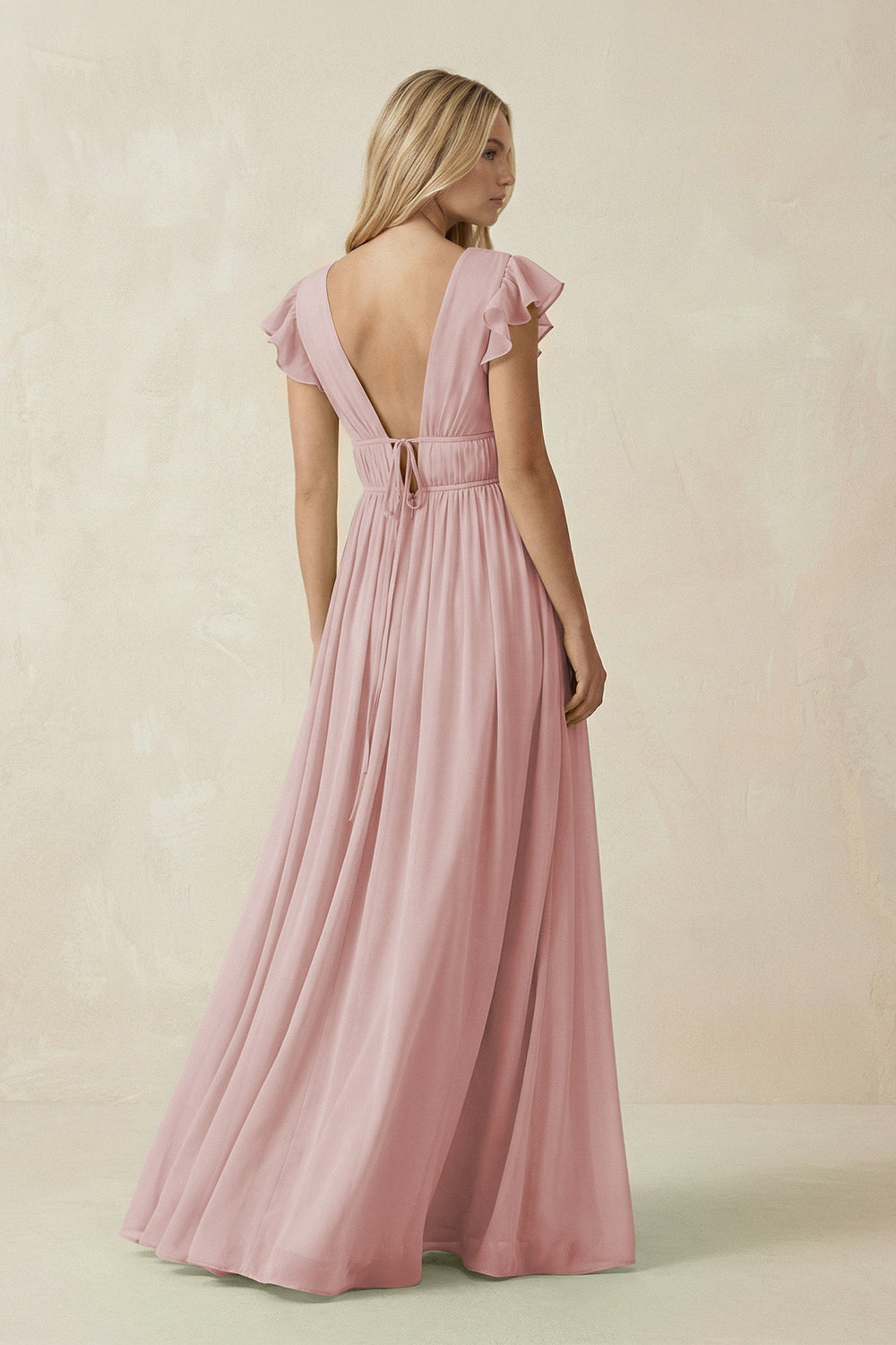 V - Neck A - Line Chiffon Cap Sleeves Bridesmaid Dress in Dusty Rose - SHE IS ME Bridesmaid Dresses