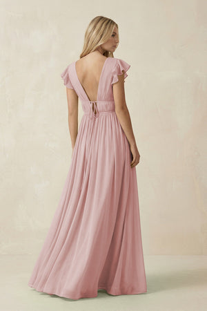 V - Neck A - Line Chiffon Cap Sleeves Bridesmaid Dress in Dusty Rose - SHE IS ME Bridesmaid Dresses