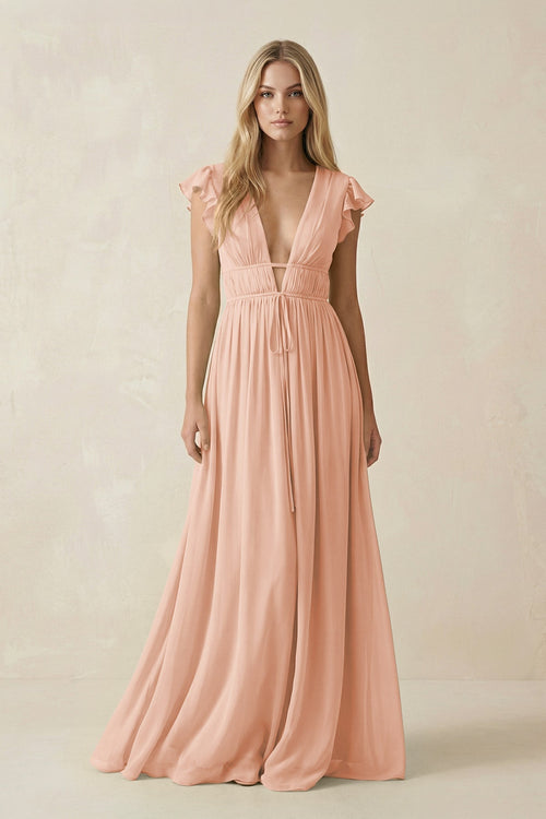V - Neck A - Line Chiffon Cap Sleeves Bridesmaid Dress in English Rose - SHE IS ME Bridesmaid Dresses