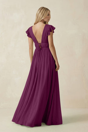 V - Neck A - Line Chiffon Cap Sleeves Bridesmaid Dress in Fig - SHE IS ME Bridesmaid Dresses