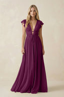 V - Neck A - Line Chiffon Cap Sleeves Bridesmaid Dress in Fig - SHE IS ME Bridesmaid Dresses