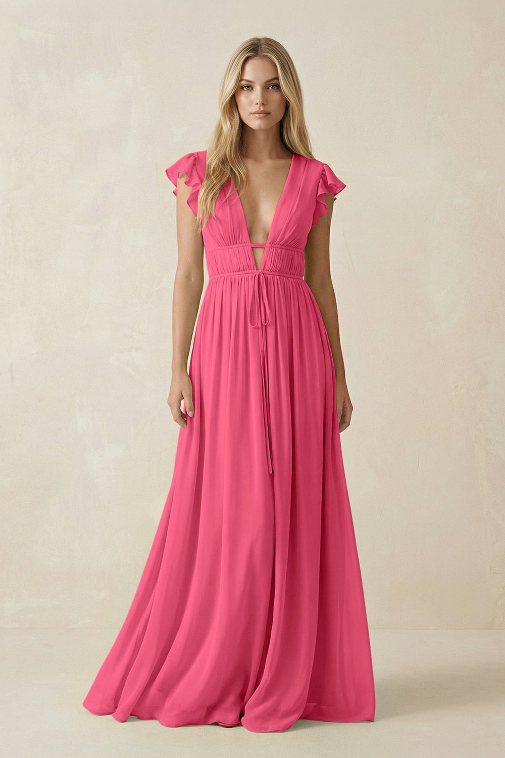 V - Neck A - Line Chiffon Cap Sleeves Bridesmaid Dress in Fuchsia - SHE IS ME Bridesmaid Dresses