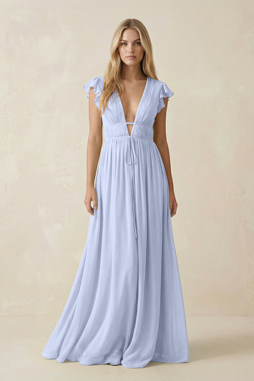 V - Neck A - Line Chiffon Cap Sleeves Bridesmaid Dress in Ice - SHE IS ME Bridesmaid Dresses