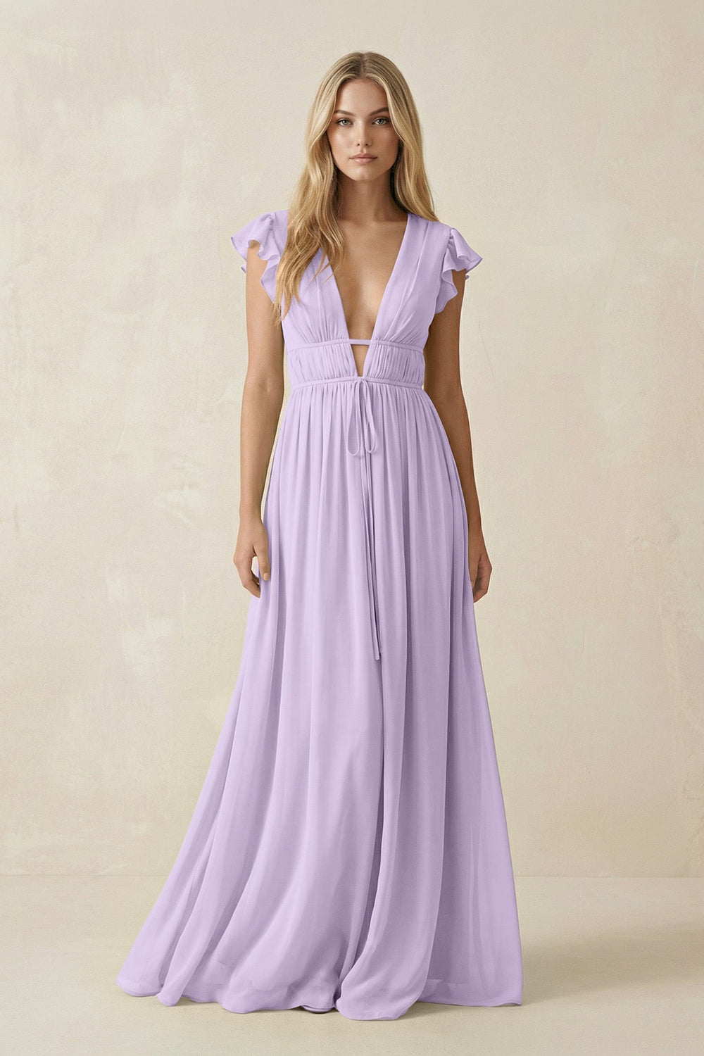 V - Neck A - Line Chiffon Cap Sleeves Bridesmaid Dress in Lavender - SHE IS ME Bridesmaid Dresses