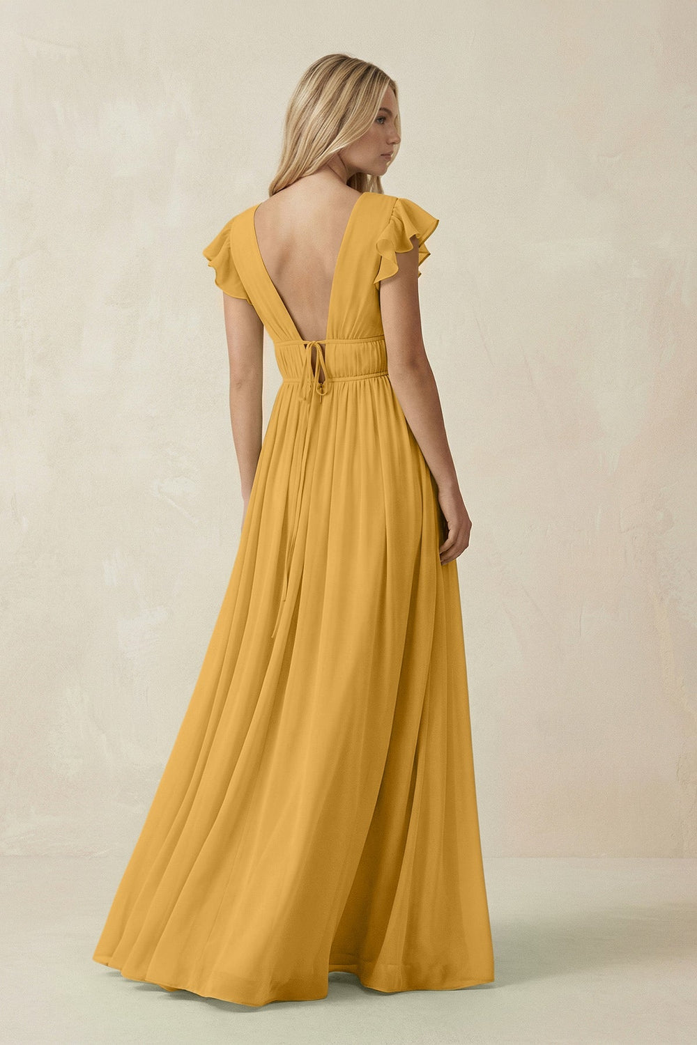 V - Neck A - Line Chiffon Cap Sleeves Bridesmaid Dress in Marigold - SHE IS ME Bridesmaid Dresses