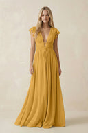 V - Neck A - Line Chiffon Cap Sleeves Bridesmaid Dress in Marigold - SHE IS ME Bridesmaid Dresses