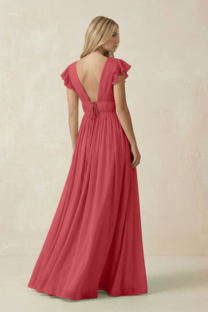 V - Neck A - Line Chiffon Cap Sleeves Bridesmaid Dress in Merlot - SHE IS ME Bridesmaid Dresses