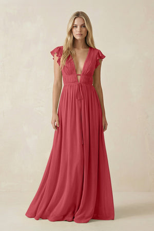 V - Neck A - Line Chiffon Cap Sleeves Bridesmaid Dress in Merlot - SHE IS ME Bridesmaid Dresses