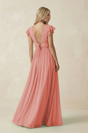 V - Neck A - Line Chiffon Cap Sleeves Bridesmaid Dress in Mulberry - SHE IS ME Bridesmaid Dresses