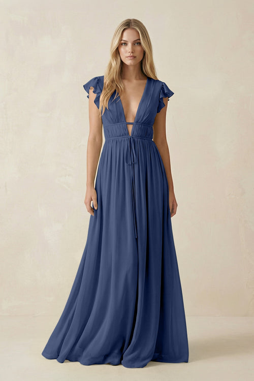 V - Neck A - Line Chiffon Cap Sleeves Bridesmaid Dress in Navy - SHE IS ME Bridesmaid Dresses