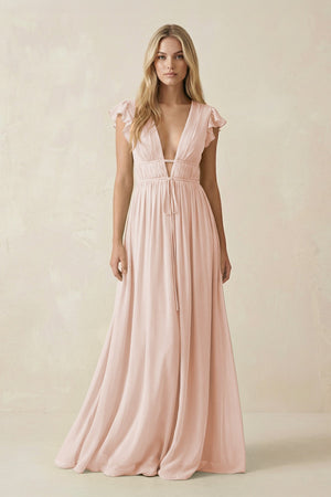V - Neck A - Line Chiffon Cap Sleeves Bridesmaid Dress in Pale Blush - SHE IS ME Bridesmaid Dresses