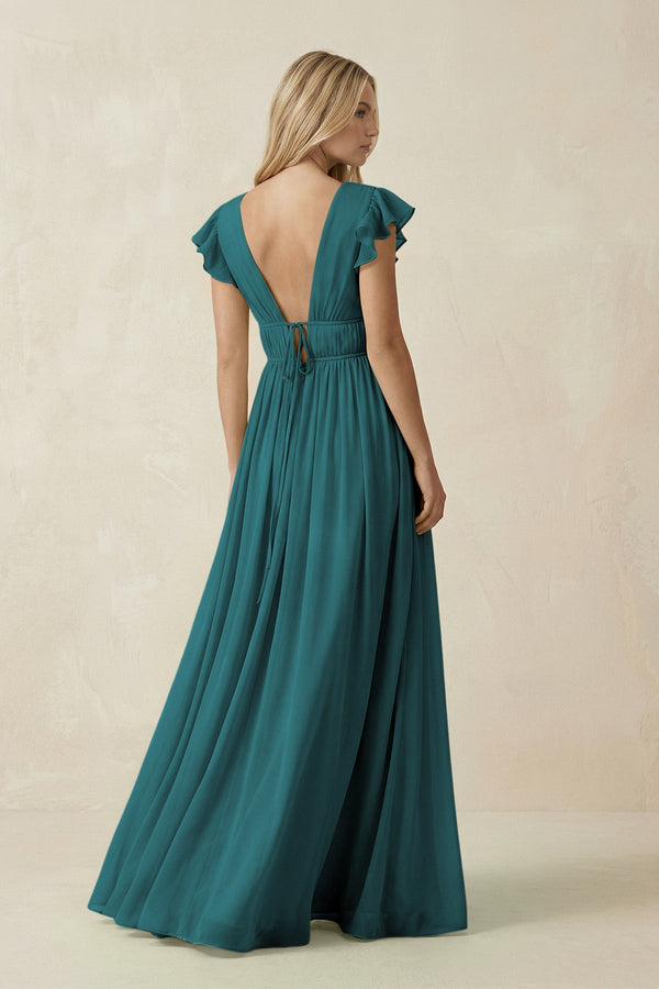V - Neck A - Line Chiffon Cap Sleeves Bridesmaid Dress in Pine - SHE IS ME Bridesmaid Dresses