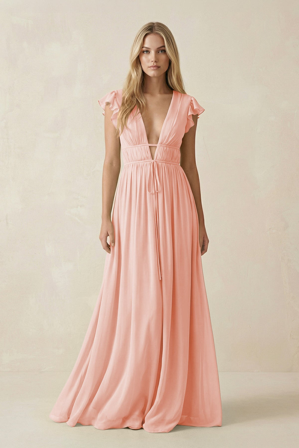 V - Neck A - Line Chiffon Cap Sleeves Bridesmaid Dress in Rose Petal - SHE IS ME Bridesmaid Dresses