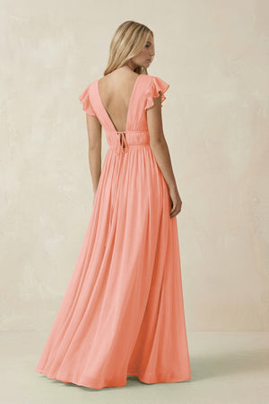 V - Neck A - Line Chiffon Cap Sleeves Bridesmaid Dress in Rosette - SHE IS ME Bridesmaid Dresses