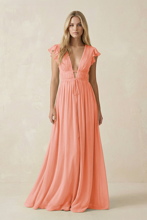 V - Neck A - Line Chiffon Cap Sleeves Bridesmaid Dress in Rosette - SHE IS ME Bridesmaid Dresses
