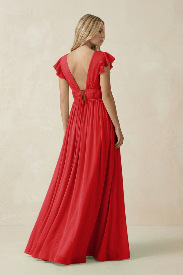 V - Neck A - Line Chiffon Cap Sleeves Bridesmaid Dress in Ruby Red - SHE IS ME Bridesmaid Dresses