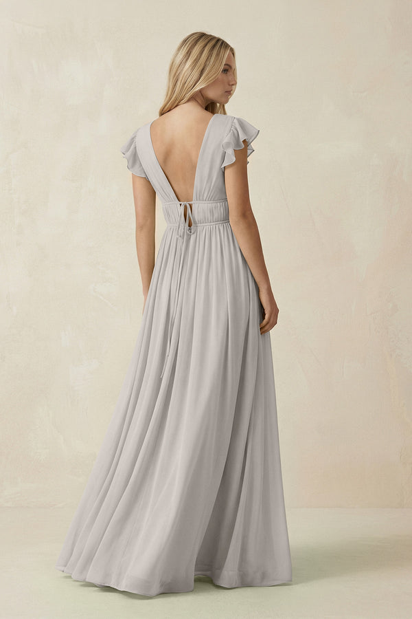 V - Neck A - Line Chiffon Cap Sleeves Bridesmaid Dress in Silver - SHE IS ME Bridesmaid Dresses