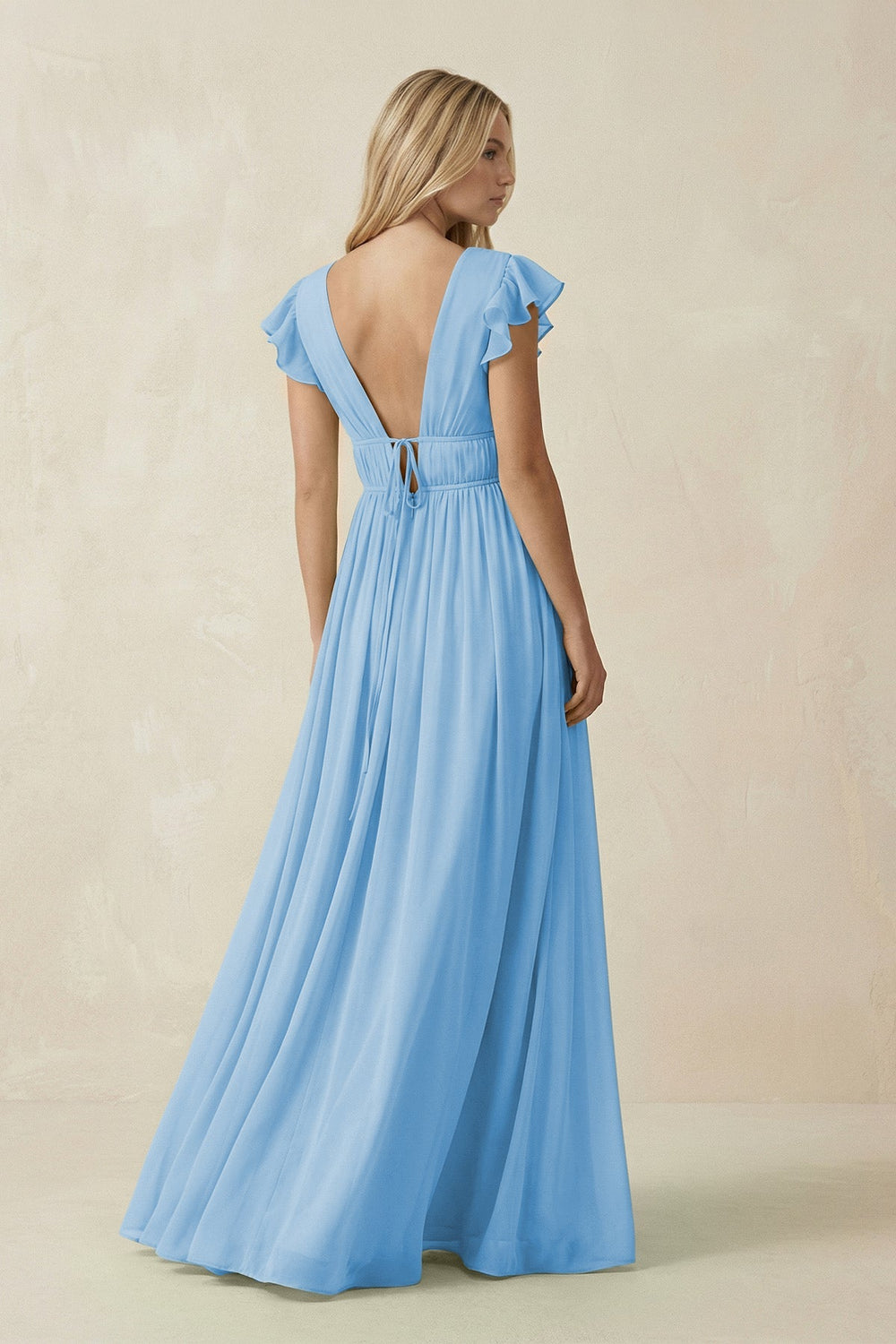 V - Neck A - Line Chiffon Cap Sleeves Bridesmaid Dress in Steel Blue - SHE IS ME Bridesmaid Dresses
