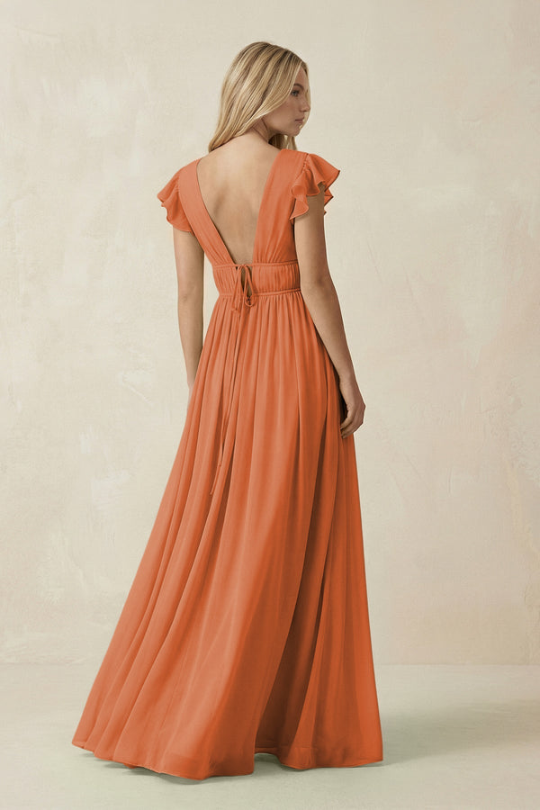 V - Neck A - Line Chiffon Cap Sleeves Bridesmaid Dress in Terracotta - SHE IS ME Bridesmaid Dresses