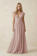 V - Neck A - Line Chiffon Cap Sleeves Bridesmaid Dress in Toffee - SHE IS ME Bridesmaid Dresses