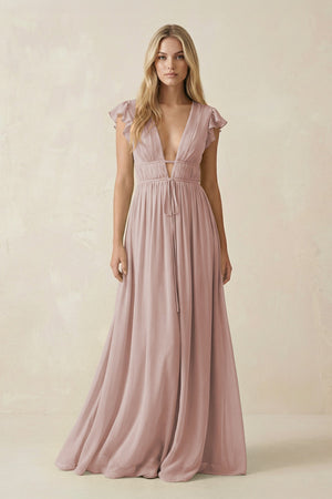 V - Neck A - Line Chiffon Cap Sleeves Bridesmaid Dress in Toffee - SHE IS ME Bridesmaid Dresses