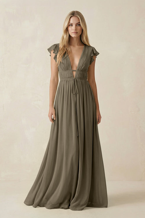 V - Neck A - Line Chiffon Cap Sleeves Bridesmaid Dress in Willow Green - SHE IS ME Bridesmaid Dresses