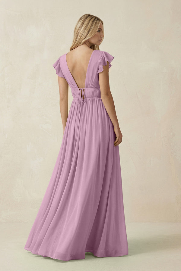 V - Neck A - Line Chiffon Cap Sleeves Bridesmaid Dress in Wisteria - SHE IS ME Bridesmaid Dresses