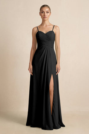 V - Neck A - Line Chiffon Pleated Bridesmaid Dress in Black - SHE IS ME Bridesmaid Dresses