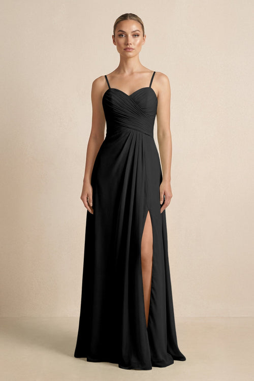 V - Neck A - Line Chiffon Pleated Bridesmaid Dress in Black - SHE IS ME Bridesmaid Dresses